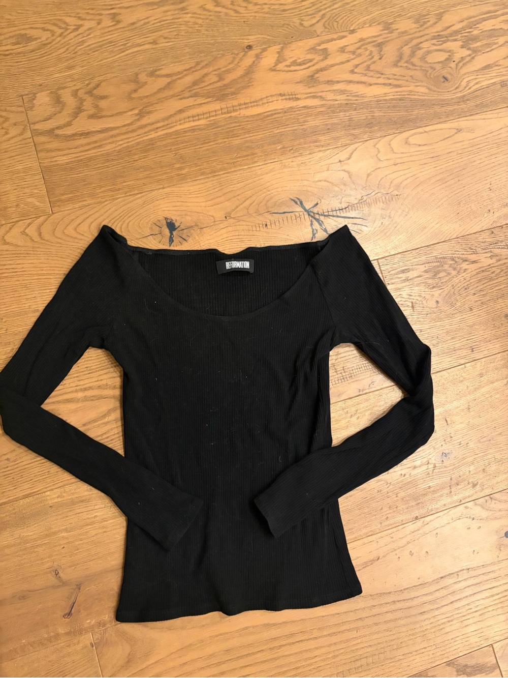 Reformation Black Ribbed Off-Shoulder Long Sleeve Top